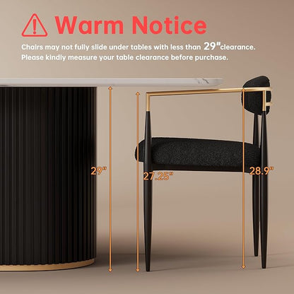 Morden Fort Black Modern Dining Chairs Set of 2, Boucle Upholstered Accent Dining Chairs with Gold Armrest and Curved Backrest for Kitchen, Living Room and Lounge