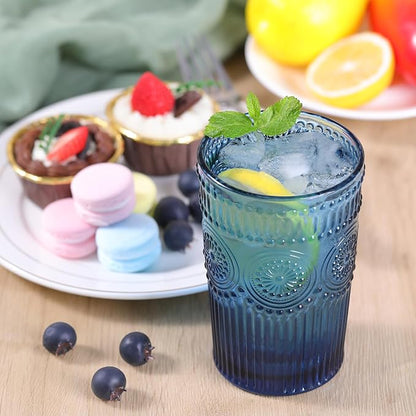 Vintage Glassware Drinking Glasses Set of 4-13 oz Blue Highball Glasses Water Tumbler, Embossed Glassware Cups for Juice, Beer, Cocktail, Whiskey, Various Mixed Drinks