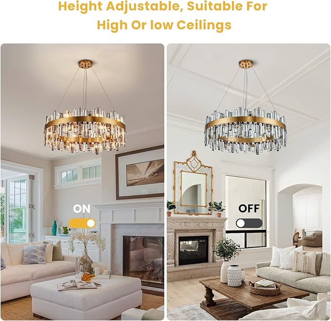 Siljoy Modern Crystal Chandelier 16 Lights Luxury Gold Round 2 Tiers Raindrop Chandelier Dimmable Flush Mount Crystal Ceiling Light for Dining Room Living Room Entryway Foyer D31.5''