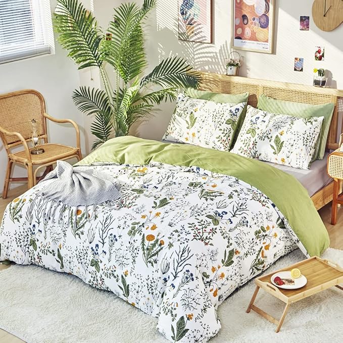 CLOTHKNOW Sage Green Comforter Set Twin/Twin XL Cotton Floral Botanical Bedding Sets White Green Flowers Bedding Comforter Soft 3Pcs Bedding Comforter Sets