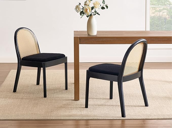 Upholstered Wooden Dining Chairs Set of 2, Farmhouse Kitchen & Dining Room Chairs with Cane Back, Accent Rattan Dining Table Chairs Sherpa Seat for Kitchen/Restaurant/Living Room, Black