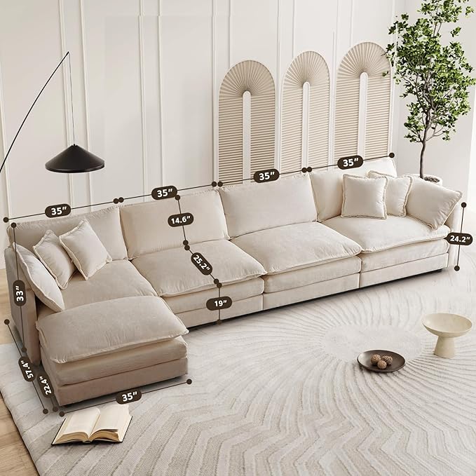 SoarFlash Chenille Sectional Sofa, Comfy L Shaped Modular Coush Sofa with Ottoman, Modern 4 Seat Couch Deep Seat Sofa Set for Living Room,Light Coffee