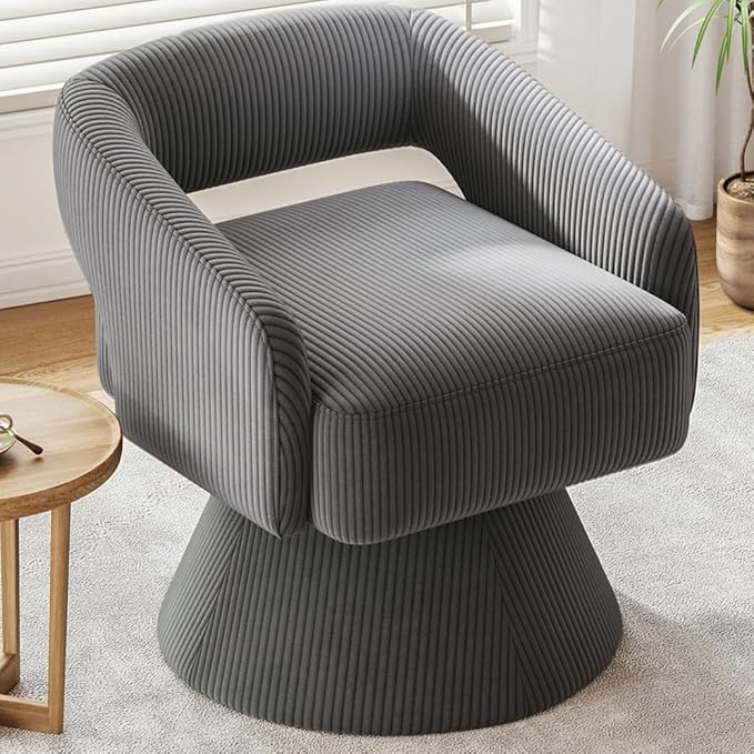 LINSY Swivel Barrel Chair, 360 Modern Swivel Accent Chair Boucle Swivel Chair Round Gray Corduroy Chairs with Arms, Small Barrel Chair for Small Spaces Bedroom Living Room