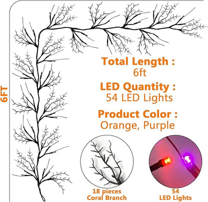 6 Ft 54 LED Halloween Willow Vine Twig Decor Garland with 8 Modes Timer Orange & Purple Lights Waterproof Battery Operated Halloween Decorations for Home Bedroom Wall Fireplace Mantle Decor