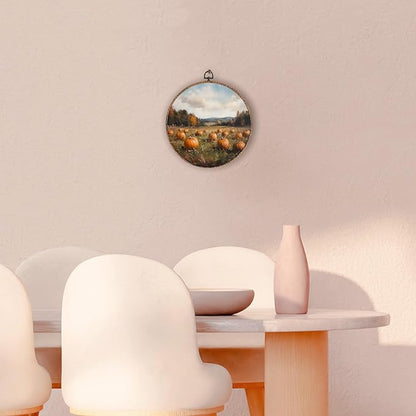 Hxlac Vintage Pumpkin Field Pumpkin Round Wall Art Framed, Vintage Autumn Pumpkin Round Wall Decor, Cottage Fall Halloween Hanging Canvas Prints Wall Sculptures for Home Room Decor, 10x10 Inch