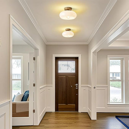 Mid-Century Modern Semi Flush Mount Ceiling Light, Faux Wood Kitchen Ceiling Light Fixture with Glass Shade, Mini White Close to Ceiling Lamp for Entryway Hallway Bathroom (11.0 Inch)