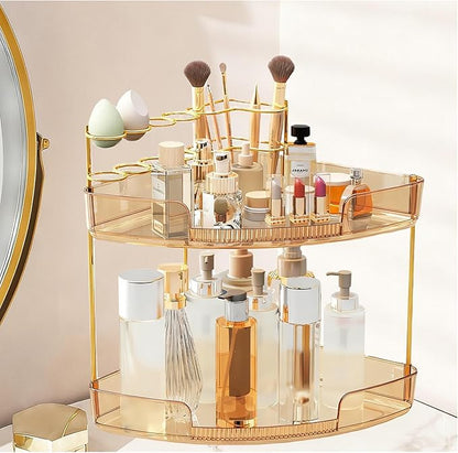 FELIZHOUSE 2-Tier Makeup Organizer for Vanity & Bathroom Countertop – Acrylic Storage Shelf with Perfume Makeup Brush Holder, Tool-Free Installation, Design for Bathroom & Dresser - Amber