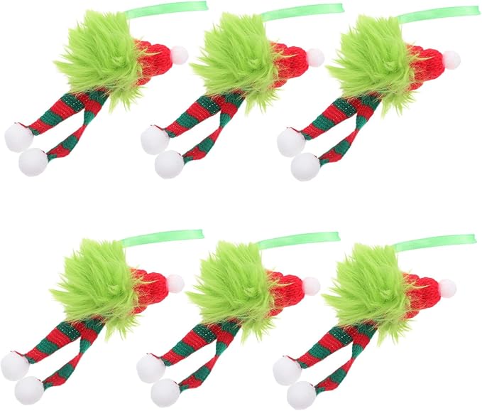 6pcs Christmas Tree Hanging Ornaments with Santa Hat and Striped Scarf Fuzzy Plush Pom Pom Balls Lightweight Holiday Decorations for Indoor and Outdoor Festive Party
