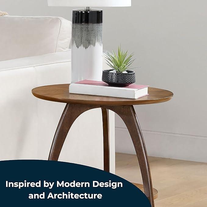 Martin Svensson Home LAX Retro Mid-Century Modern Round Wood End Table, Solid Grain Side Table with Lower Shelf, Small Accent Table for Living Room or Nightstand. Caramel Brown Top & Walnut Legs