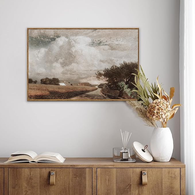 KBKBART Framed Canvas Wall Art, Vintage Wall Art European Landscape Oil Painting, Rustic Farmhouse Decor Country Landscape Print, Vintage Art Pictures for Bathroom Wall Decor Bedroom Living Room