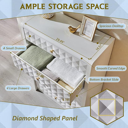 Modern 5 Drawer Dresser for Bedroom, Wooden Tall Dressers &Chests of Drawers w/Two Different Drawer Sizes, Mid Century Modern Dresser w/Diamond Panel Decorate for Bedroom, Curved Profile Design, White