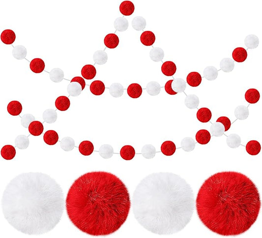 2 Pack Large Pom Poms Garland Hanging Decorations Colorful Soft Faux Rabbit Fur Ball Garland for Easter Xmas Holiday Wedding Baby Shower Birthday Party Supplies(Red White,3.15 Inch)