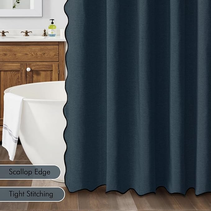 MIULEE 84" Long Scalloped Shower Curtain Linen Textured with 12 Metal Hooks Cute Extra Long Heavy Duty Washable Waterproof Cloth Shower Curtains with Black Border for Bathroom Hotel Bathtub,Navy Blue