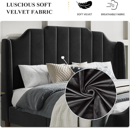 SHA CERLIN Upholstered Queen Size Bed Frame with Modern Curved Velvet Wingback Headboard, Heavy Duty Wood Platform Bed with Strong Wood Slat Support, No Box Spring Needed, Black