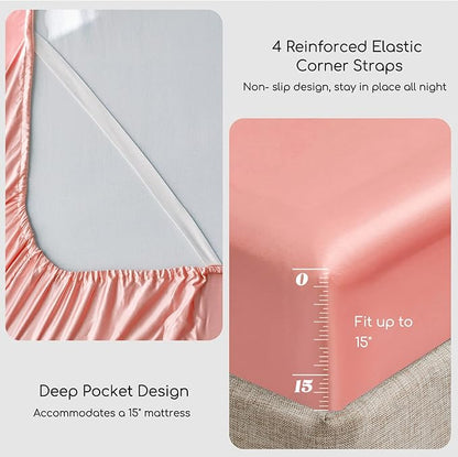 MR&HM Satin Bed Sheets, King Size Sheets Set, 4 Pcs Silky Bedding Set with 15 Inches Deep Pocket for Mattress (King, Blush)