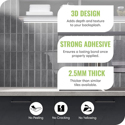 5 Pack Peel and Stick Backsplash Subway Tiles, Extra Thick 3D Wall Panels, Heat & Water Resistant, Easy DIY Kitchen, Bathroom, Laundry, Fireplace & Rental Home Wall Décor (12 x 12 in), Gray