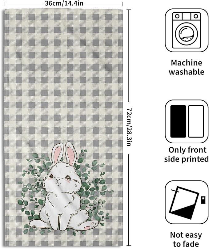 Easter Rabbit Hand Towels Decorative Eucalyptus Leaf Buffalo Plaid Holiday Soft Absorbent Kitchen 14x28