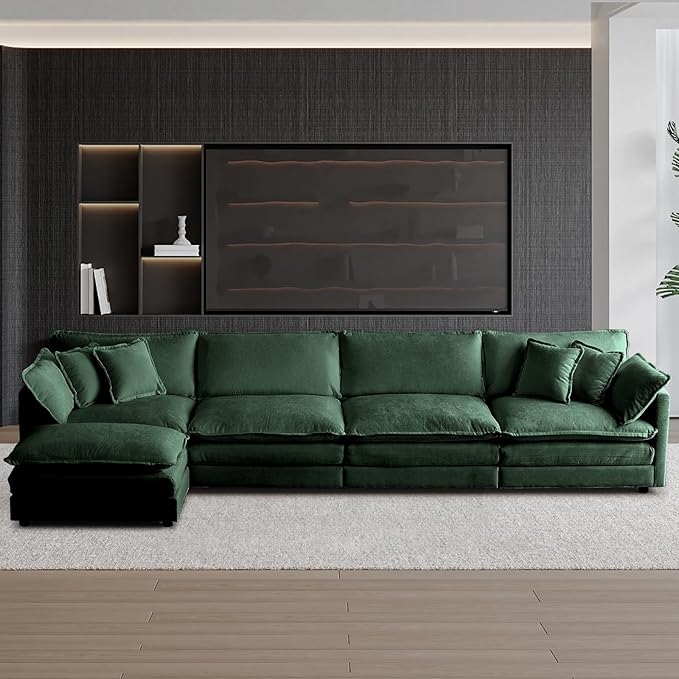 SoarFlash Chenille Sectional Sofa, Comfy L Shaped Modular Coush Sofa with Ottoman, Modern 4 Seat Couch Deep Seat Sofa Set for Living Room,Green