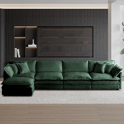 SoarFlash Chenille Sectional Sofa, Comfy L Shaped Modular Coush Sofa with Ottoman, Modern 4 Seat Couch Deep Seat Sofa Set for Living Room,Green