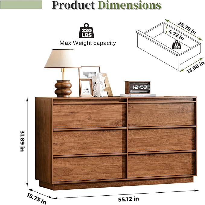 55.12" Modern Chest of Drawer, 6 Deep Drawers,Clothes Organizer,Large Storage Cabinet for Living Room, Bedroom,Dresser TV Stand, Wood Drawer Organizer for Living Room, Hallway, Brown