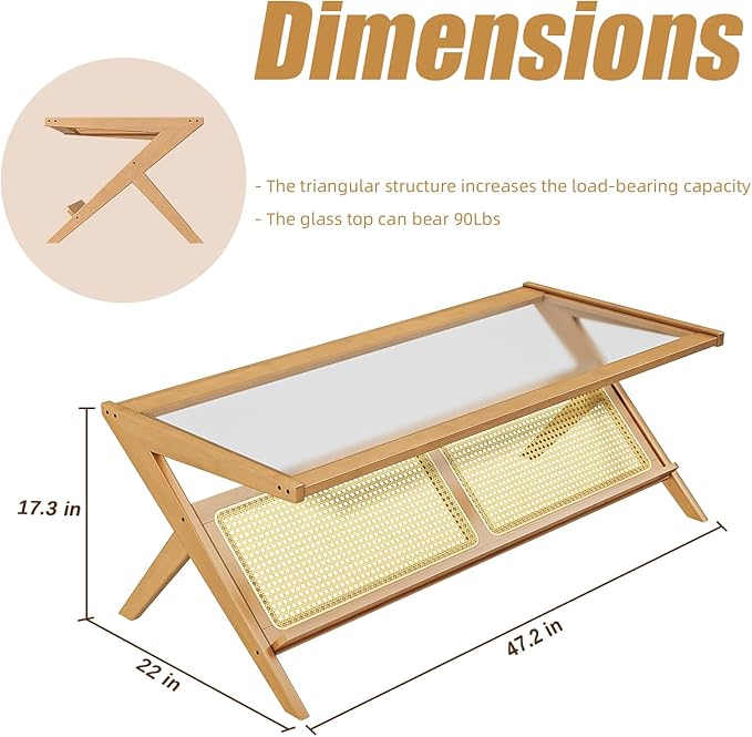 Bamworld Rattan Coffee Table Mid-Century Modern Coffee Table BambooTable with Glass Top for Living Room Office