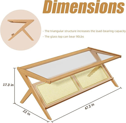 Bamworld Rattan Coffee Table Mid-Century Modern Coffee Table BambooTable with Glass Top for Living Room Office