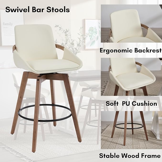 Mid-Century Swivel Bar Stools Set of 6, 26.5 inch Counter Height Barstools PU Leather Bar Chairs with Wooden Frame for Kitchen Island Dining Room, Beige