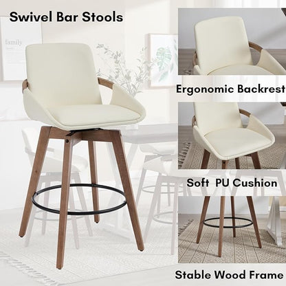 Mid-Century Swivel Bar Stools Set of 6, 26.5 inch Counter Height Barstools PU Leather Bar Chairs with Wooden Frame for Kitchen Island Dining Room, Beige