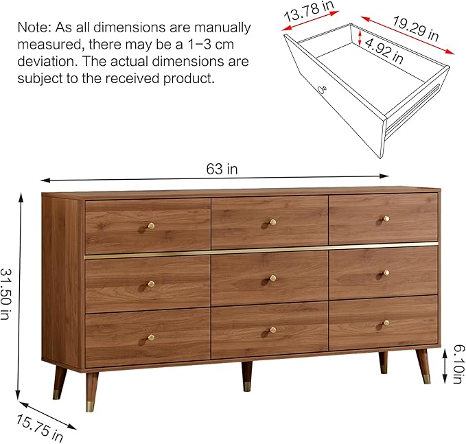 9 Drawer Dresser 63" Wide Mid Century Modern Chest of Drawers, Tan