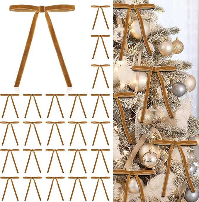24 Pcs Velvet Bows for Christmas Tree, Elegant Khaki Christmas Tree Bows, 5”x7” Pre-Tied Velvet Ornaments for Wreaths Garland Gifts Holiday Décor, Khaki Ribbon Bows for Xmas(3/8”)