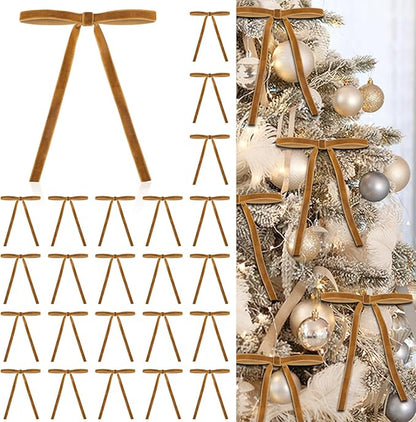24 Pcs Velvet Bows for Christmas Tree, Elegant Khaki Christmas Tree Bows, 5”x7” Pre-Tied Velvet Ornaments for Wreaths Garland Gifts Holiday Décor, Khaki Ribbon Bows for Xmas(3/8”)