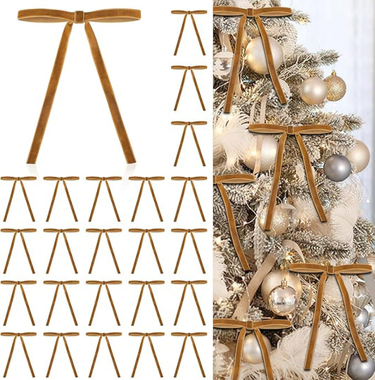 24 Pcs Velvet Bows for Christmas Tree, Elegant Khaki Christmas Tree Bows, 5”x7” Pre-Tied Velvet Ornaments for Wreaths Garland Gifts Holiday Décor, Khaki Ribbon Bows for Xmas(3/8”)