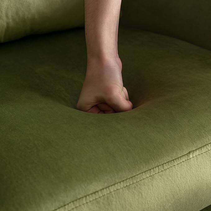 Velvet Accent Chair Comfy Living Room Chair Slipper Chair Mid Century Single Sofa Arm Chair with Golden Legs and Pillow for Bedroom/Guest Room, Olive Green