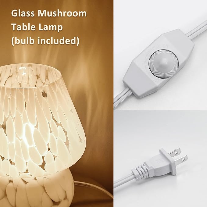 ONEWISH Cute Mushroom Lamp Small Table Lamp Set of 2 Stepless Dimmable, Translucent Glass White Nightstand Lamp for Bedroom Dorm Kids Room Living Kitchen, Murano Aesthetic Home Decor