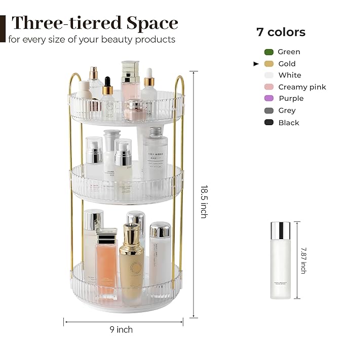 Aveniee Rotating Makeup Organizer for Vanity, 3 Tier Perfume Skincare Organizers and Storage for Bathroom Countertop, Clear Spinning Counter Shelf Cosmetic Holder for Dresser,Gold
