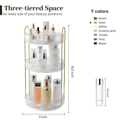 Aveniee Rotating Makeup Organizer for Vanity, 3 Tier Perfume Skincare Organizers and Storage for Bathroom Countertop, Clear Spinning Counter Shelf Cosmetic Holder for Dresser,Gold