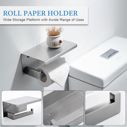 Brushed Nickel Bathroom Towel Bar Set Bathroom Accessories Hardware Set Including Double Towel Bar Towel Ring Coat Hook and Toilet Paper Holder with Shelf. Wall Mounted Stainless Steel