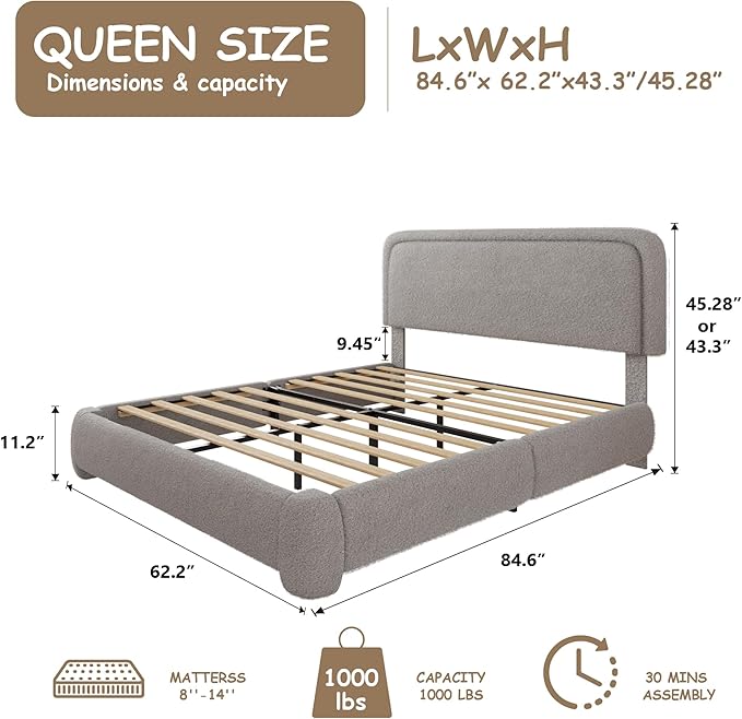 Queen Size Boucle Bed Frame, Cloud Upholstered Platform Bed with Height Adjustable Headboard & Soft Rounded Corners, No Box Spring Needed, Noise Free, Easy Assembly, Light Grey