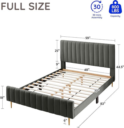 Livinia Full Size Elton Velvet Platform Bed, Upholstered Bed Frame with Vertical Channel Tufted Headboard Footboard, Strong Wood Slats, No Box Spring Needed, Gray (Full)