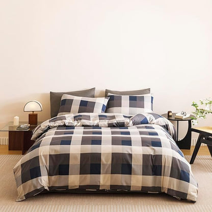 CLOTHKNOW Blue Plaid King Size Comforter Set Gingham Buffalo Bedding Comforter Sets Geometric Comforter King Sets with 2 x Pillow Cases