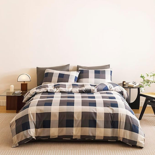 CLOTHKNOW Blue Plaid King Size Comforter Set Gingham Buffalo Bedding Comforter Sets Geometric Comforter King Sets with 2 x Pillow Cases