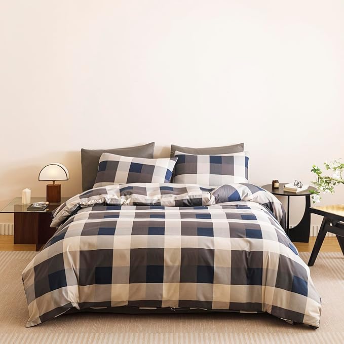 CLOTHKNOW Blue Plaid Comforter Set Twin/Twin XL Gingham Buffalo Bedding Comforter Sets Navy Beige Geometric Comforter Twin Sets