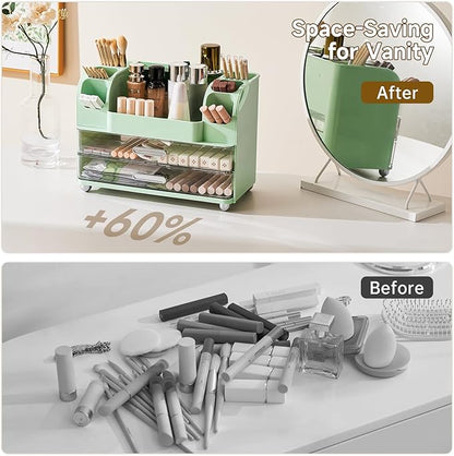 Makeup Organizer for Vanity with 2 Large Drawers, Cosmetic Display Case with Brush Holders, Easy to Storage for Bathroom Countertop Skincare, Desk Office Supplies, Green