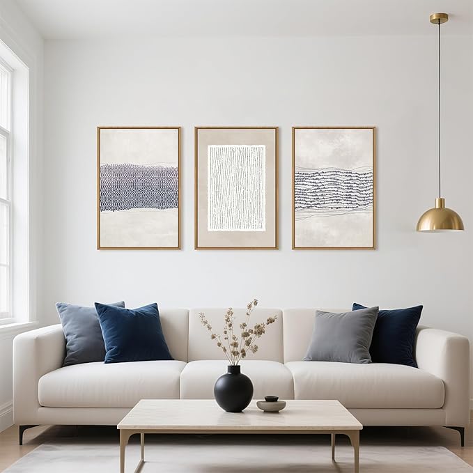 HOURIA Blue White Abstract Neutral Framed Canvas Wall Art Set,Minimalist Boho Waves Lines Wall Decor,Modern Geometric Shapes Print,Mid Century Grunge Artwork for Living Room,Bedroom,Office- 16"x24"x3