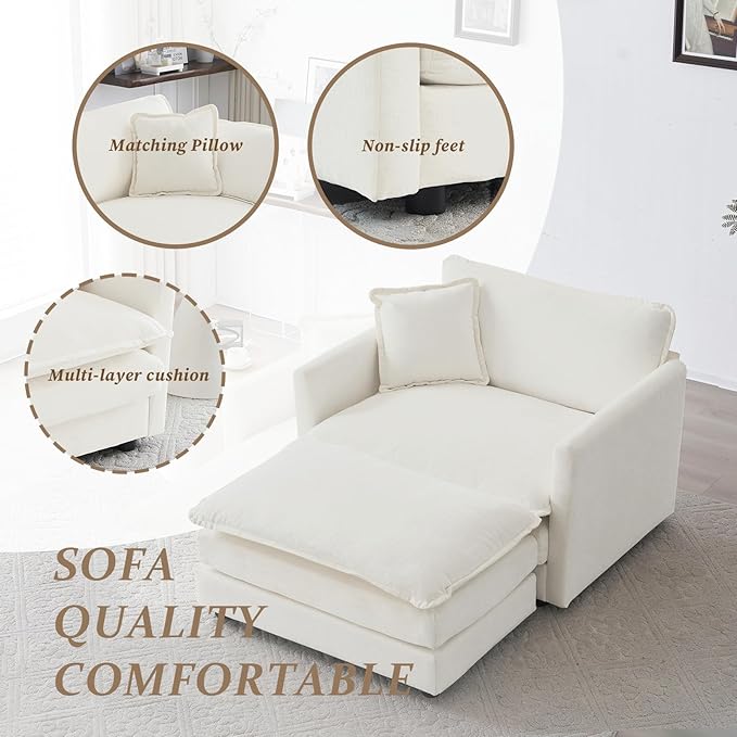 SoarFlash Chenille Sectional Sofa, Comfy Modular Single Sofa with Ottoman, Modern Recliner Deep Seat Sofa Set for Living Room,White