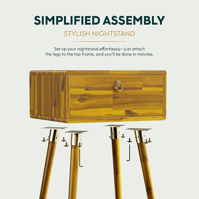 Bme Alden Wood Nightstand, Solid Wood End Table, Mid Century Modern Nightstand, Side Table with 1 Drawer, Compact for Bedroom, Living Room & Study Room, Easy Assembly, Honeyed Wood