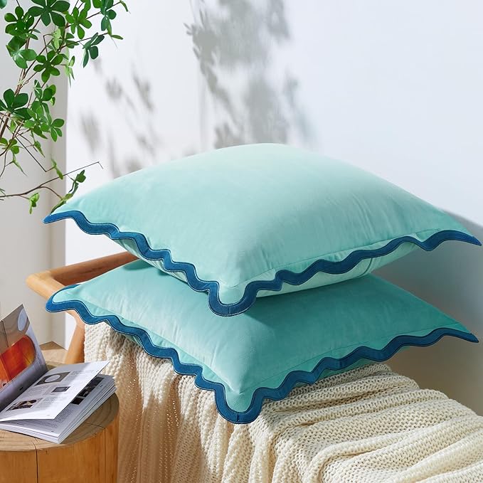 MONDAY MOOSE Decorative Throw Pillow Covers Cushion Cases, Set of 2 Soft Velvet Scalloped Wavy Edge Designs, Mix and Match for Home Decor, Pillow Inserts Not Included (Blue/Light Blue, 20x20 inch)