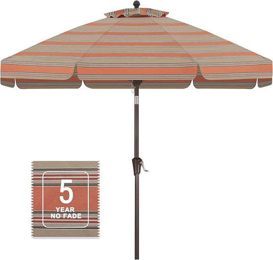 MASTERCANOPY 9ft Olefin Valance Patio Umbrella with Tilt Crank, 5-Year-Non-Fading Canopy & 8 Fiberglass Ribs for Deck, Patio, and Garden, Coffee & Orange Multi-Stripes
