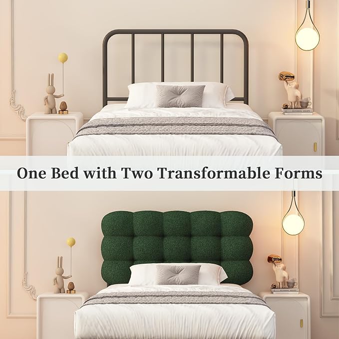 BarnFurin Twin Bed Frame with Upholstered Headboard, Teddy Soft Boucle Fabric, Platform Bed with Strong Wooden Slats Support, Two Bed Forms Design, No Boxing Spring Needed, Easy Assembly, Green