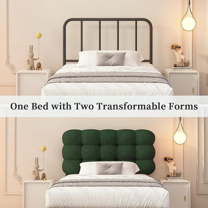 BarnFurin Twin Bed Frame with Upholstered Headboard, Teddy Soft Boucle Fabric, Platform Bed with Strong Wooden Slats Support, Two Bed Forms Design, No Boxing Spring Needed, Easy Assembly, Green